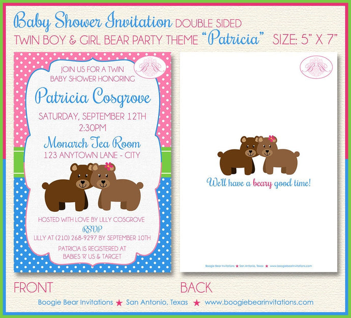 Twin Boy Girl Baby Shower Invitation Bear Pink Blue Birthday Party 1st Boogie Bear Invitations Patricia Theme Paperless Printable Printed