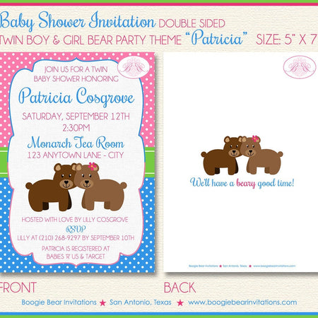 Twin Boy Girl Baby Shower Invitation Bear Pink Blue Birthday Party 1st Boogie Bear Invitations Patricia Theme Paperless Printable Printed