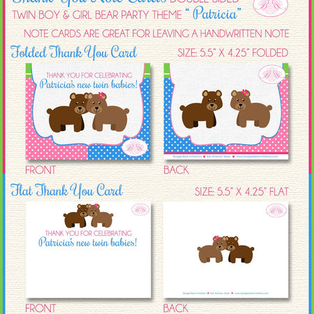 Twin Boy Girl Baby Shower Thank You Card Note Bear Pink Blue Green Polka Dot Birthday Party Boogie Bear Invitations Patricia Theme Printed