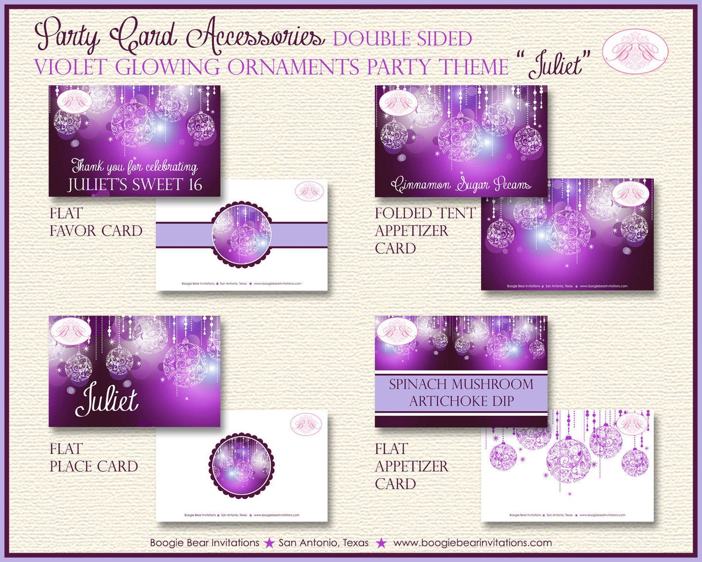 Purple Glowing Ornament Birthday Party Favor Card Place Food Appetizer Girl Lavender Plum Glow Formal Boogie Bear Invitations Juliet Theme