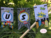 Load image into Gallery viewer, Superhero Party Pennant Cake Banner Topper Birthday Boy Girl Super Hero Comic Skyline Cityscape Pow Boom Boogie Bear Invitations Max Theme