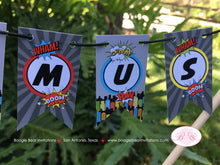 Load image into Gallery viewer, Superhero Party Pennant Cake Banner Topper Birthday Boy Girl Super Hero Comic Skyline Cityscape Pow Boom Boogie Bear Invitations Max Theme