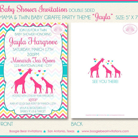 Twin Baby Giraffe Shower Party Invitation Girl Silhouette Pink Yellow Aqua Boogie Bear Invitations Jayla Theme Paperless Printable Printed