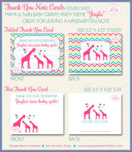 Load image into Gallery viewer, Twin Baby Giraffe Thank You Card Baby Shower Girl Silhouette Pink Yellow Aqua Turquoise Wild Zoo Boogie Bear Invitations Jayla Theme Printed