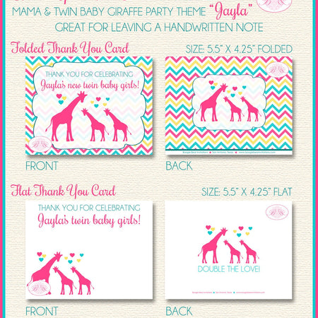 Twin Baby Giraffe Thank You Card Baby Shower Girl Silhouette Pink Yellow Aqua Turquoise Wild Zoo Boogie Bear Invitations Jayla Theme Printed