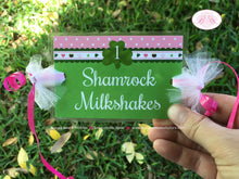 Load image into Gallery viewer, Pink Lucky Charm Party Beverage Card Birthday Drink Label Sign Wrap Girl Green Shamrock 4 Leaf Clover Boogie Bear Invitations Eileen Theme
