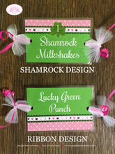 Load image into Gallery viewer, Pink Lucky Charm Party Beverage Card Birthday Drink Label Sign Wrap Girl Green Shamrock 4 Leaf Clover Boogie Bear Invitations Eileen Theme