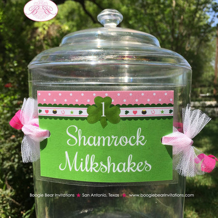 Pink Lucky Charm Party Beverage Card Birthday Drink Label Sign Wrap Girl Green Shamrock 4 Leaf Clover Boogie Bear Invitations Eileen Theme