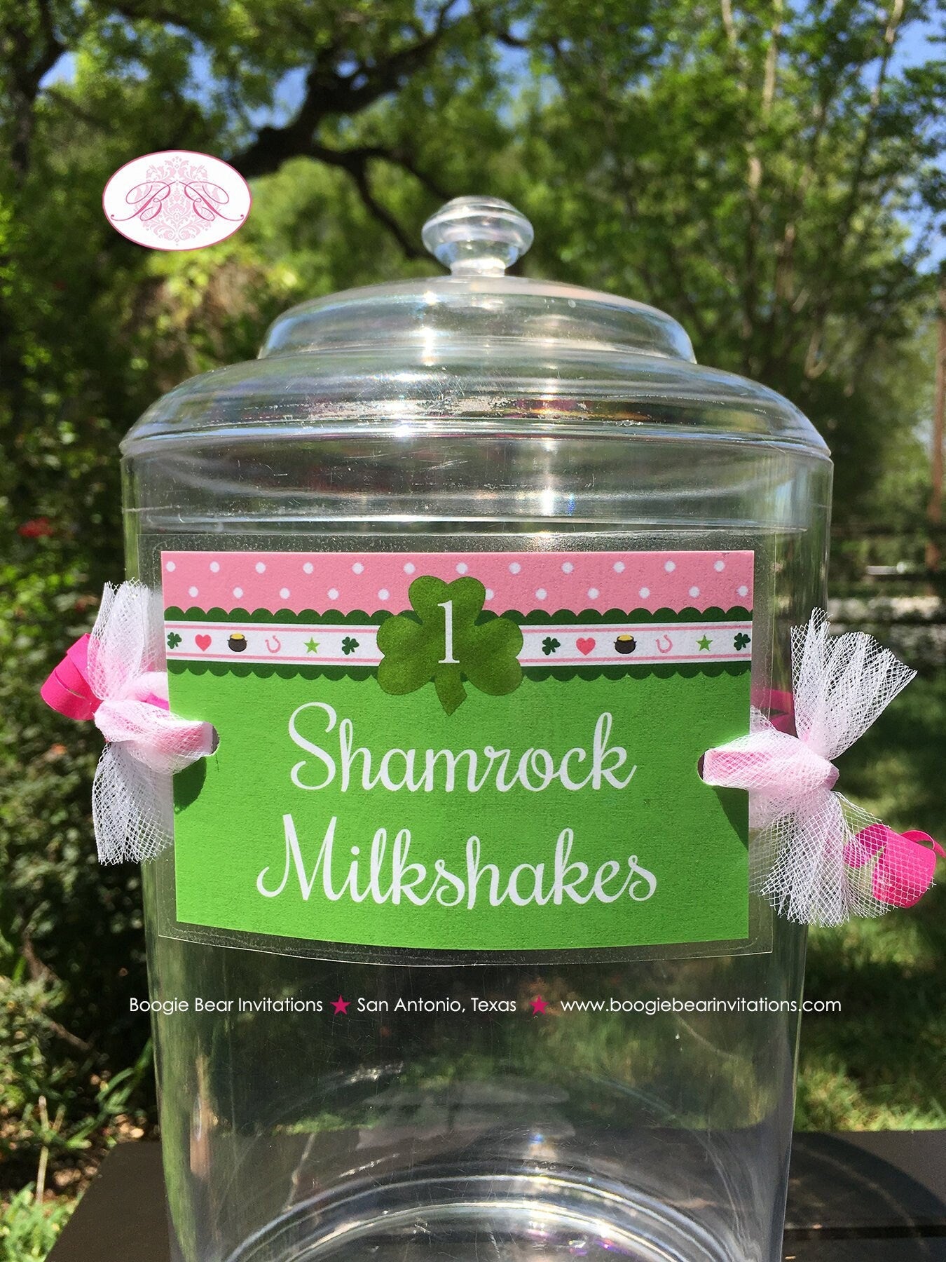 Pink Lucky Charm Party Beverage Card Birthday Drink Label Sign Wrap Girl Green Shamrock 4 Leaf Clover Boogie Bear Invitations Eileen Theme