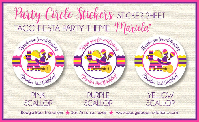 Fiesta Taco Birthday Party Stickers Circle Sheet Round Girl Pink Yellow Purple Carnival Cinco de Mayo Boogie Bear Invitations Mariela Theme