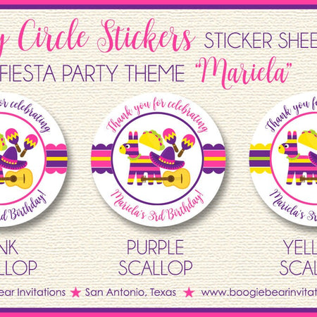 Fiesta Taco Birthday Party Stickers Circle Sheet Round Girl Pink Yellow Purple Carnival Cinco de Mayo Boogie Bear Invitations Mariela Theme