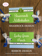 Load image into Gallery viewer, Blue Lucky Charm Party Beverage Card Birthday Drink Label Sign Wrap Boy Green Shamrock 4 Leaf Clover Boogie Bear Invitations Desmond Theme