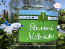 Load image into Gallery viewer, Blue Lucky Charm Party Beverage Card Birthday Drink Label Sign Wrap Boy Green Shamrock 4 Leaf Clover Boogie Bear Invitations Desmond Theme