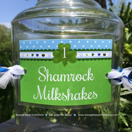 Blue Lucky Charm Party Beverage Card Birthday Drink Label Sign Wrap Boy Green Shamrock 4 Leaf Clover Boogie Bear Invitations Desmond Theme