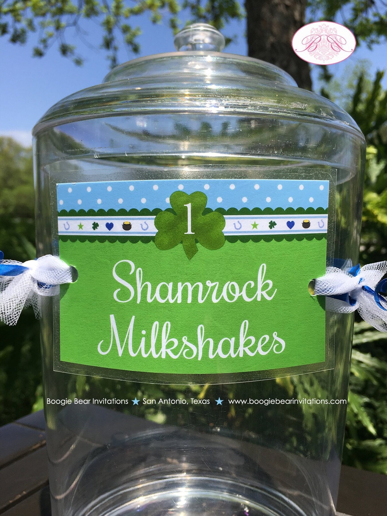 Blue Lucky Charm Party Beverage Card Birthday Drink Label Sign Wrap Boy Green Shamrock 4 Leaf Clover Boogie Bear Invitations Desmond Theme