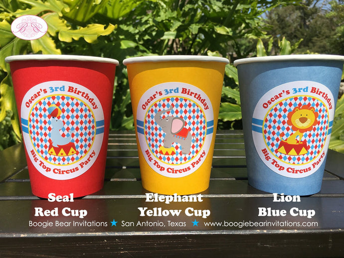 Circus Animals Birthday Party Beverage Cups Paper Drink Girl Boy Zoo 3 Ring Big Top Show Red Blue Yellow Boogie Bear Invitations Oscar Theme