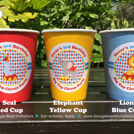 Circus Animals Birthday Party Beverage Cups Paper Drink Girl Boy Zoo 3 Ring Big Top Show Red Blue Yellow Boogie Bear Invitations Oscar Theme