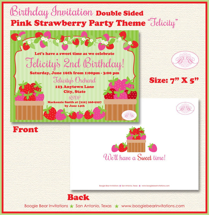 Pink Strawberry Birthday Party Invitation Red Berry Summer Strawberries Boogie Bear Invitations Felicity Theme Paperless Printable Printed
