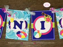 Load image into Gallery viewer, Splash Bash Party Name Banner Birthday Pink Girl Swimming Pool Ocean Beach Ball Wave Water Tube Swim Boogie Bear Invitations Danielle Theme