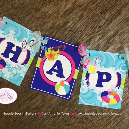 Splash Bash Happy Birthday Banner Party Swimming Pool Girl Pink Water Tube Flip Flop Blue Ocean Wave Boogie Bear Invitations Danielle Theme