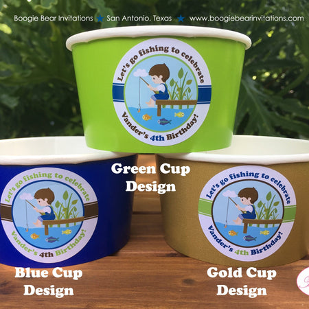 Fishing Boy Birthday Party Treat Cups Candy Buffet Paper Fish Blue Green Gold Brown Lake River Ocean Boogie Bear Invitations Vander Theme