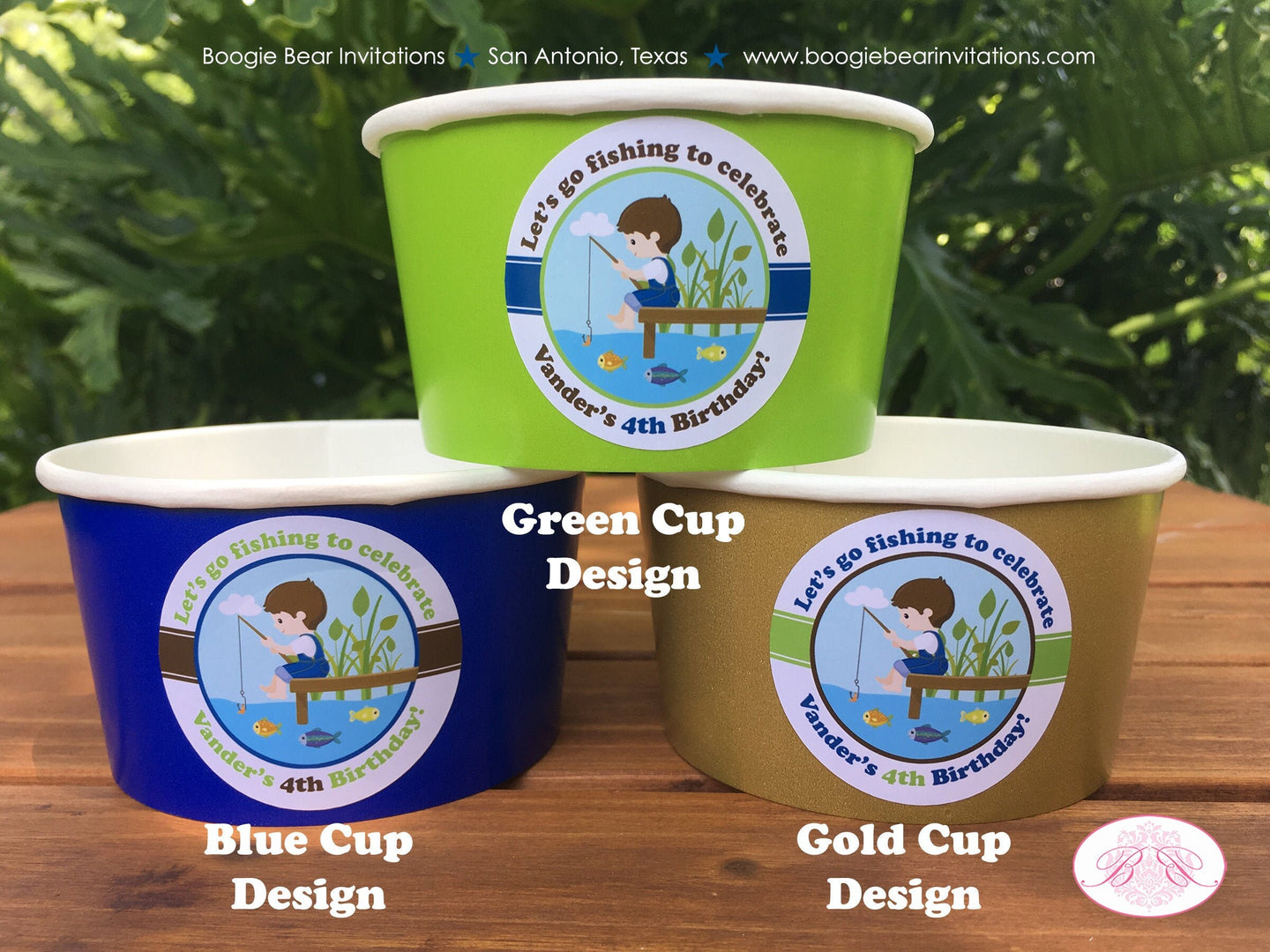 Fishing Boy Birthday Party Treat Cups Candy Buffet Paper Fish Blue Green Gold Brown Lake River Ocean Boogie Bear Invitations Vander Theme