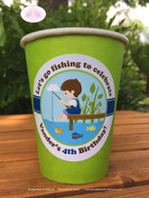 Load image into Gallery viewer, Fishing Boy Birthday Party Beverage Cups Paper Drink Fish Blue Green Brown Country Dock Park Lake Pole Boogie Bear Invitations Vander Theme