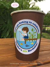 Load image into Gallery viewer, Fishing Boy Birthday Party Beverage Cups Paper Drink Fish Blue Green Brown Country Dock Park Lake Pole Boogie Bear Invitations Vander Theme