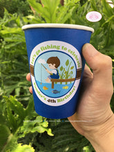 Load image into Gallery viewer, Fishing Boy Birthday Party Beverage Cups Paper Drink Fish Blue Green Brown Country Dock Park Lake Pole Boogie Bear Invitations Vander Theme