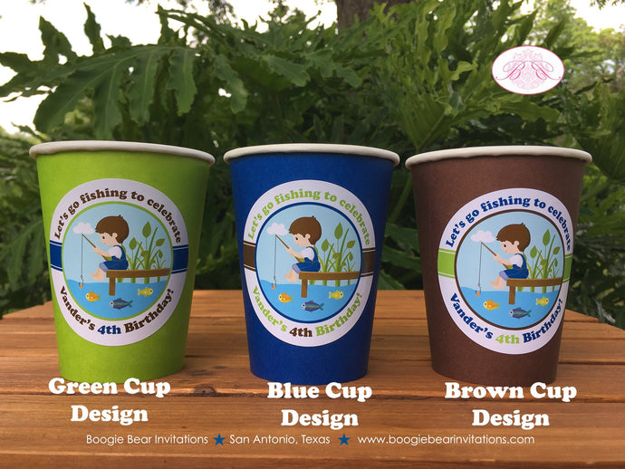 Fishing Boy Birthday Party Beverage Cups Paper Drink Fish Blue Green Brown Country Dock Park Lake Pole Boogie Bear Invitations Vander Theme