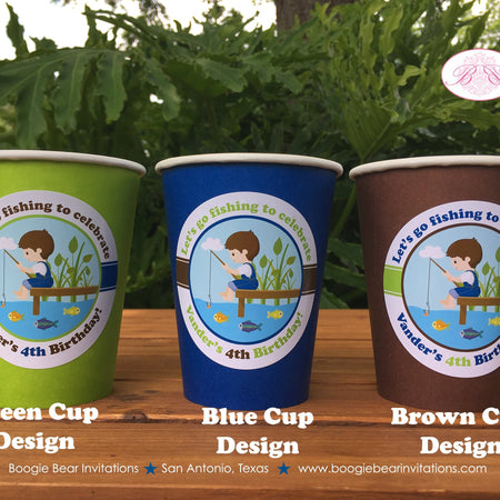 Fishing Boy Birthday Party Beverage Cups Paper Drink Fish Blue Green Brown Country Dock Park Lake Pole Boogie Bear Invitations Vander Theme