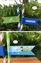 Load image into Gallery viewer, Fishing Boy Birthday Party Paper Pennant Straws Beverage Fish Blue Green Brown Dock River Lake Pole Boogie Bear Invitations Vander Theme