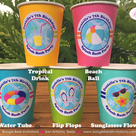 Splash Bash Birthday Party Beverage Cups Paper Drink Pool Swimming Girl Ocean Wave Swim Tube Ball Kid Boogie Bear Invitations Danielle Theme