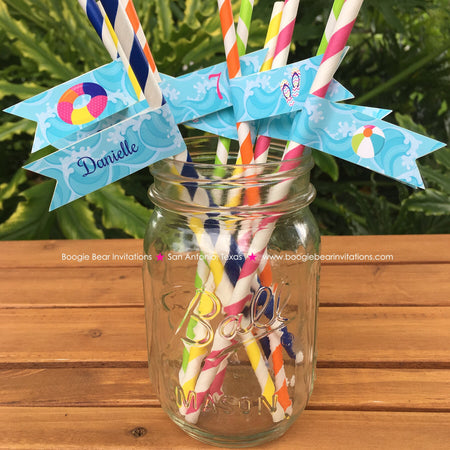 Splash Bash Party Birthday Paper Straws Pennant Drink Swimming Pool Girl Ocean Wave Swim Beach Ball Boogie Bear Invitations Danielle Theme