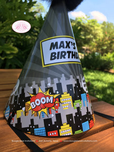 Superhero Birthday Party Hat Boy Girl Super Hero Comic Boom Wham Red Black Cityscape Pow Boom City Skyline Boogie Bear Invitations Max Theme