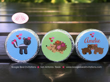 Load image into Gallery viewer, Valentines Day Birthday Party Circle Stickers Sheet Candy Favor Forest Animals Woodland Pink Love Heart Boogie Bear Invitations Amelie Theme