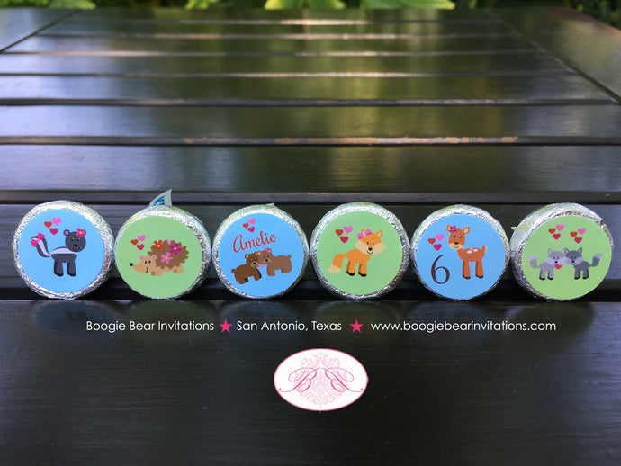 Valentines Day Birthday Party Circle Stickers Sheet Candy Favor Forest Animals Woodland Pink Love Heart Boogie Bear Invitations Amelie Theme