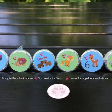 Valentines Day Birthday Party Circle Stickers Sheet Candy Favor Forest Animals Woodland Pink Love Heart Boogie Bear Invitations Amelie Theme