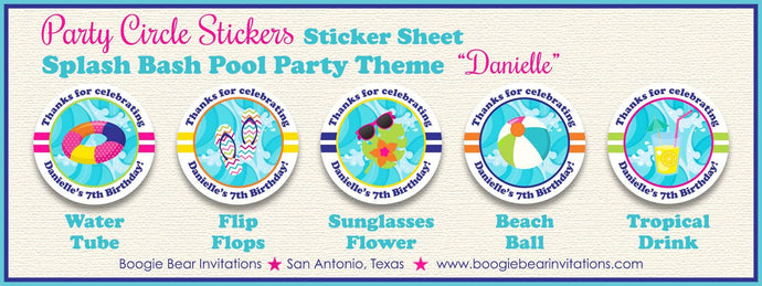 Splash Bash Party Stickers Circle Sheet Birthday Pink Girl Pool Swim Swimming Pool Beach Ball Ocean Boogie Bear Invitations Danielle Theme