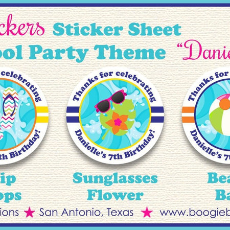 Splash Bash Party Stickers Circle Sheet Birthday Pink Girl Pool Swim Swimming Pool Beach Ball Ocean Boogie Bear Invitations Danielle Theme