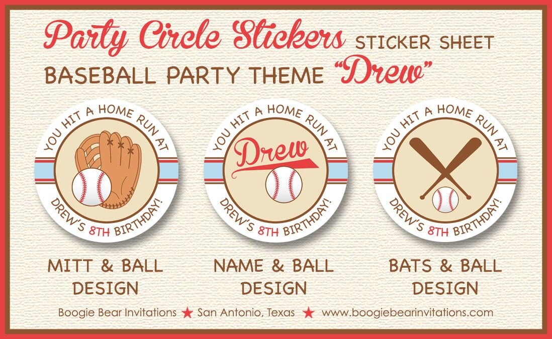Baseball Birthday Party Stickers Circle Sheet Team Club Softball Mitt Bat Home Run Base Ball Girl Boy Tag Boogie Bear Invitations Drew Theme