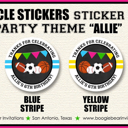 Sports Birthday Party Stickers Circle Sheet Round Pink Girl Chalkboard Basketball Football Baseball Team Boogie Bear Invitations Allie Theme