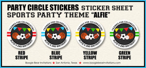 Sports Birthday Party Stickers Circle Sheet Round Chalkboard Baseball Basketball Football Soccer Game Boogie Bear Invitations Alfie Theme