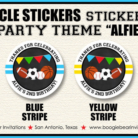 Sports Birthday Party Stickers Circle Sheet Round Chalkboard Baseball Basketball Football Soccer Game Boogie Bear Invitations Alfie Theme