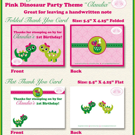 Pink Dinosaur Birthday Party Thank You Card Note Girl Lime Green Little Prehistoric Jurassic Boogie Bear Invitations Claudia Theme Printed