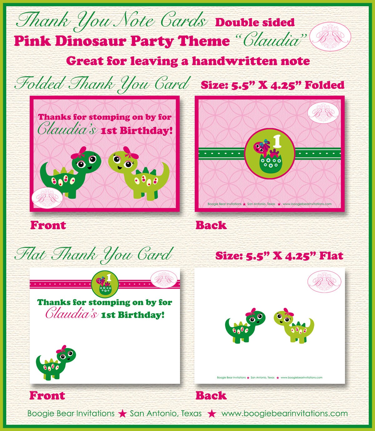 Pink Dinosaur Birthday Party Thank You Card Note Girl Lime Green Little Prehistoric Jurassic Boogie Bear Invitations Claudia Theme Printed