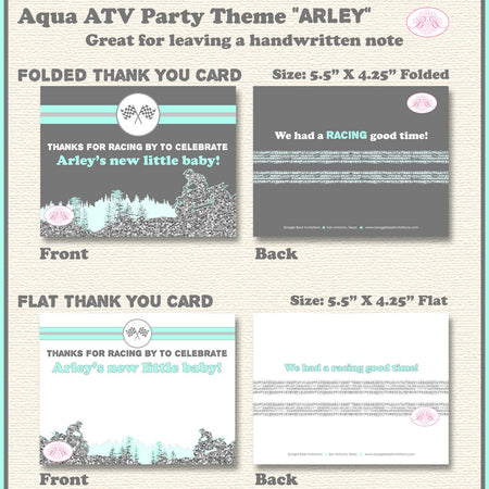 Aqua ATV Baby Shower Party Thank You Card Girl Boy Glitter Green Blue Grey Gray 4 Wheeler Quad Boogie Bear Invitations Arley Theme Printed
