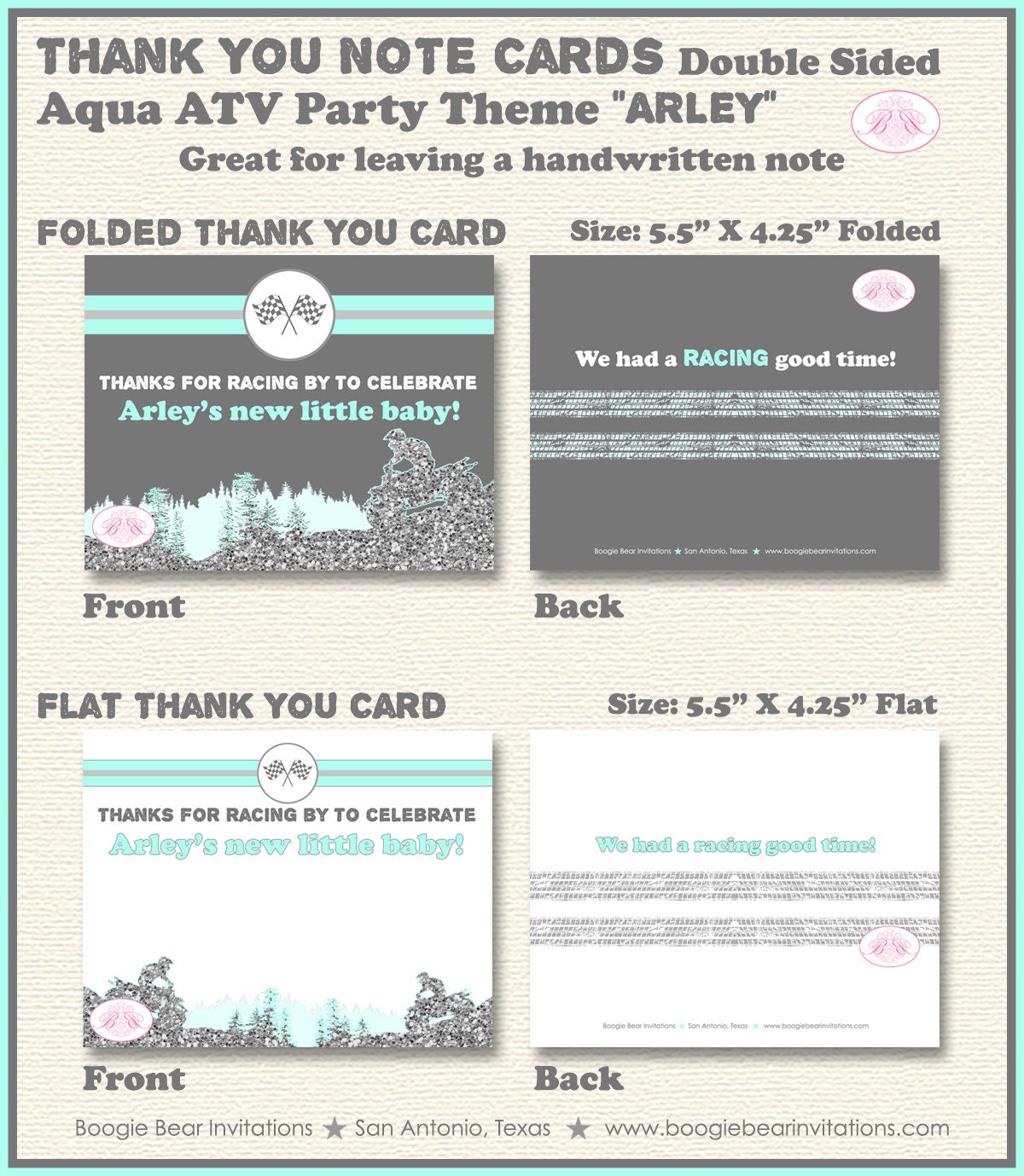 Aqua ATV Baby Shower Party Thank You Card Girl Boy Glitter Green Blue Grey Gray 4 Wheeler Quad Boogie Bear Invitations Arley Theme Printed