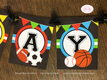 Load image into Gallery viewer, Sports Happy Birthday Party Banner Boy Girl Chalkboard Red Blue Basketball Football Soccer Basketball Boogie Bear Invitations Alfie Theme