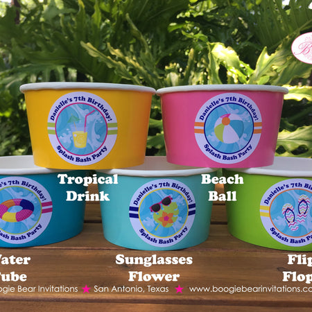 Splash Bash Birthday Party Treat Cups Food Buffet Paper Birthday Girl Swimming Pool Beach Ball Tube Boogie Bear Invitations Danielle Theme